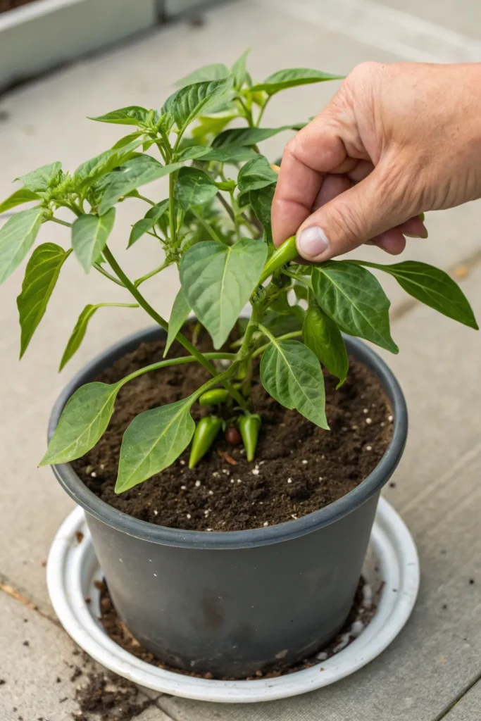 a hand pressing a finger one inch into the soil of