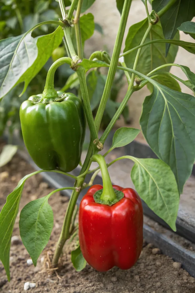 a small green bell pepper growing on the plant al 1
