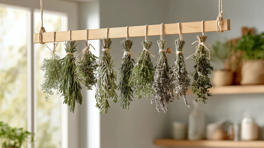 14 Herb Drying Rack Ideas 2 zainy A bright modern kitchen scene showing a simple wooden h f8a7f052 bafe 4240 a330 0063102d2af4 0