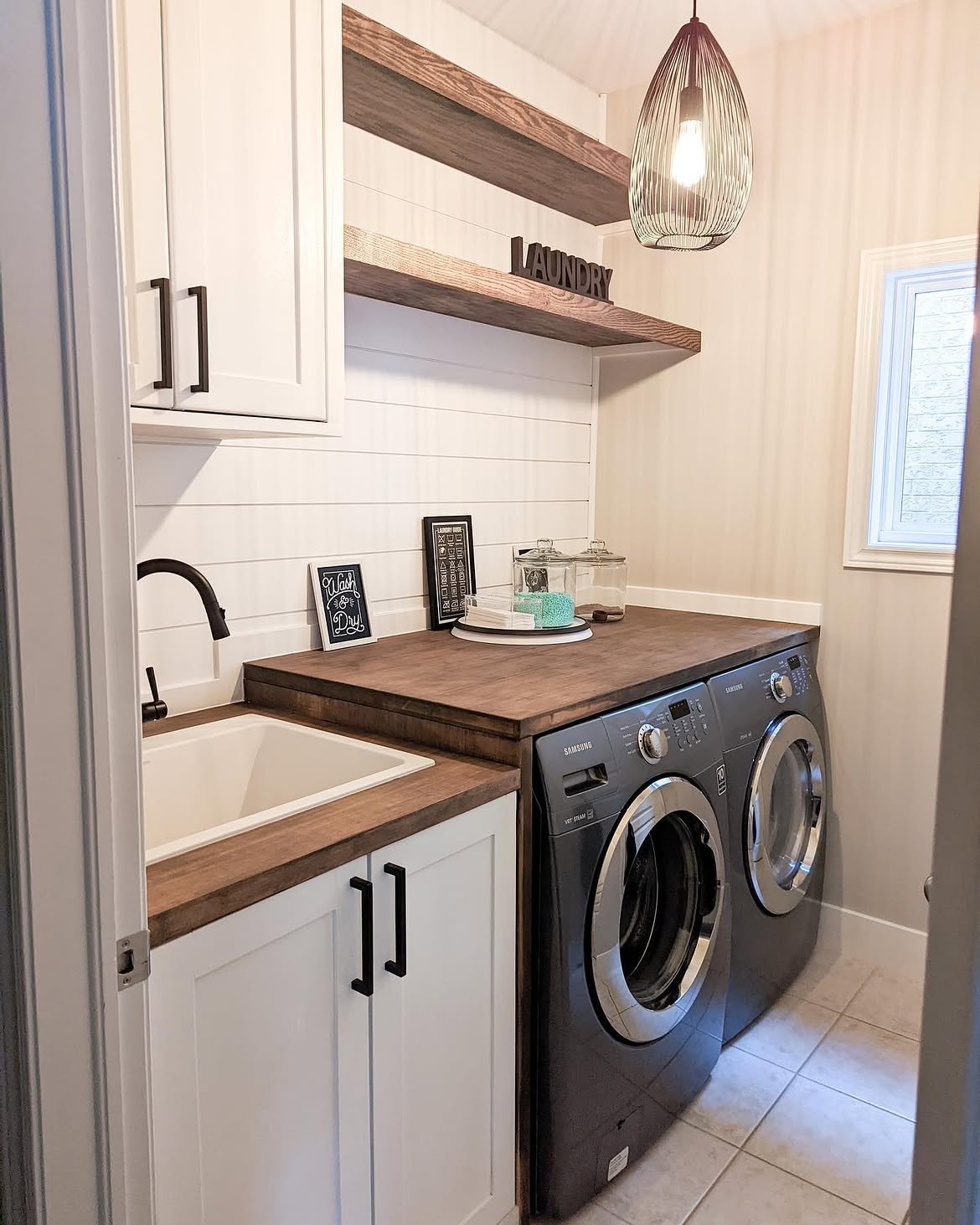 Laundry Room Makeover 🤍 such a good use of a small space. Adding a counter utility sink cupbo